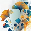 Ginkgo biloba leaves blue and yellow watercolor drawing on white background. Generative AI