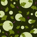 Ginkgo Seamless Pattern on dark background with cute circles and cartoon lightening. Vector