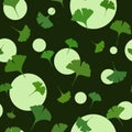 Ginkgo Seamless Pattern on dark background with cute circles