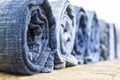 Gins, denim of different blue shades. Royalty Free Stock Photo