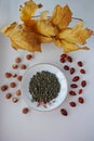 Ginseng oolong Chinese tea on a white plate with nuts, autumn leaves Royalty Free Stock Photo