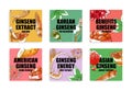 Ginseng squared label template set vector flat illustration Korean traditional medicine herbs