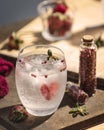 Gintonic with red fake and strawberries pepper in a small shot Royalty Free Stock Photo