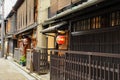 Facade of traditional Japanese house machiya with old red lanterns Toro - Lanterns in Gion district, Kyoto City, Kyoto Royalty Free Stock Photo