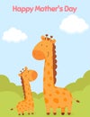 Happy mother\'s day greeting card with cute giraffes. Mother and children.