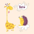 A giraffe from Africa and a hedgehog forest animal friends