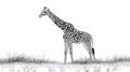 Black and White Giraffe Standing in Savanna Grasslands, Simple Line Art Royalty Free Stock Photo