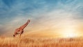 Giraffe in the African savanna against the backdrop of beautiful sunset. Serengeti National Park. Tanzania. Africa. Copy space.