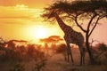 Giraffe in the African savanna against the background of the orange sunset Royalty Free Stock Photo