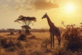 Giraffe in the African savanna against the background of the orange sunset Royalty Free Stock Photo