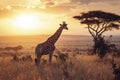 Giraffe in the African savanna against the background of the orange sunset Royalty Free Stock Photo