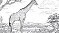Black and White Giraffe in African Savannah Landscape with Trees and Mountains Royalty Free Stock Photo