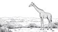 Giraffe Standing in African Savanna Landscape Black and White Royalty Free Stock Photo
