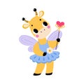 Giraffe Animal Fairy in Pretty Dress with Magic Wand and Wings Vector Illustration