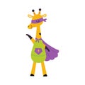 Giraffe Animal Superhero Dressed in Mask and Purple Cloak Vector Illustration