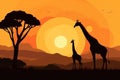 Giraffe and baby giraffe against the backdrop of the setting sun