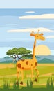 Giraffe on the background of the African landscape, savanna, Cartoon style, vector illustration Royalty Free Stock Photo