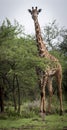 Giraffe behind tree on savanna in amboseli park