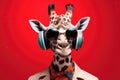 A giraffe in a beige shirt and headphones on a red background. A creative disco