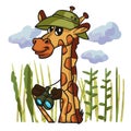 Giraffe bird watcher cartoon Royalty Free Stock Photo