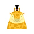 Giraffe in a black top hat, funny face, cute cartoon animal character avatar vector Illustration on a white background Royalty Free Stock Photo