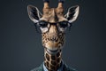 Giraffe business portrait dressed as a manager or ceo in a formal office business suit with glasses and tie. Ai generated