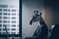 A giraffe in a business suit at the office, Generative AI