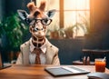 Giraffe businessman in a suit and glasses at desk. Generative AI.