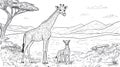 Giraffe Mother and Calf in African Savannah Line Art Royalty Free Stock Photo
