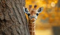 Giraffe calf peeking from behind tree with autumn foliage background Royalty Free Stock Photo