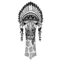 Giraffe, camelopard, zoo. Wild animal wearing inidan headdress with feathers. Boho chic style illustration for tattoo Royalty Free Stock Photo