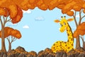 Giraffe cartoon character in blank autumn forest scene