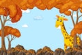 Giraffe cartoon character in blank autumn forest scene