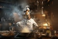 Giraffe chef\'s in uniform cook a food at restaurant\'s kitchen.