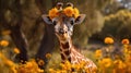 Giraffe closeup wearing flower crown. Giraffe wearing beautiful crown of sunflowers.