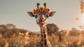 Giraffe closeup wearing flower crown. Giraffe wearing beautiful crown of sunflowers.