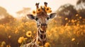 Giraffe closeup wearing flower crown. Giraffe wearing beautiful crown of sunflowers.