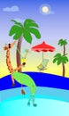 Giraffe with clothes, vector.Giraffe drinks juice and rests in the pool.