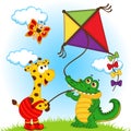 Giraffe and crocodile launching a kite