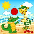 giraffe crocodile playing in beach volleyball