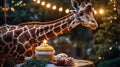 Giraffe Curious About Birthday Cupcake by Christmas Tree Royalty Free Stock Photo