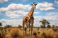 Giraffe among desert plants in front of savannah landscape. Girrafe in savannah, walking along south africa national park on a