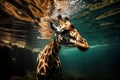 Giraffe is dives underwater. Beautiful illustration picture. Generative AI