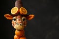 A giraffe doll made of orange on a black background. 3d illustration