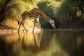 a giraffe drinking water from a body of water Royalty Free Stock Photo