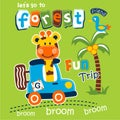 Giraffe driving a car go to forest funny animal cartoon,vector illustration