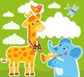 Giraffe And Elephant Cartoon Vector. Baby Frame Or Card. Giraffe Drawing. Royalty Free Stock Photo