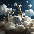 Giraffe and elephants in dreamlike atmosphere with white cotton balls