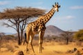 A giraffe in the Etosha National Park, Namibia, A large giraffe in a Ruaha National Park, AI Generated Royalty Free Stock Photo