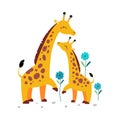 Giraffe family. Cute mom camelopard with her baby cartoon vector illustration